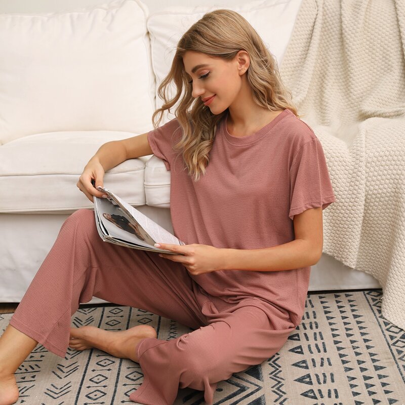 

Round Neck Solid Tee & Pants PJ Set, Dusty pink