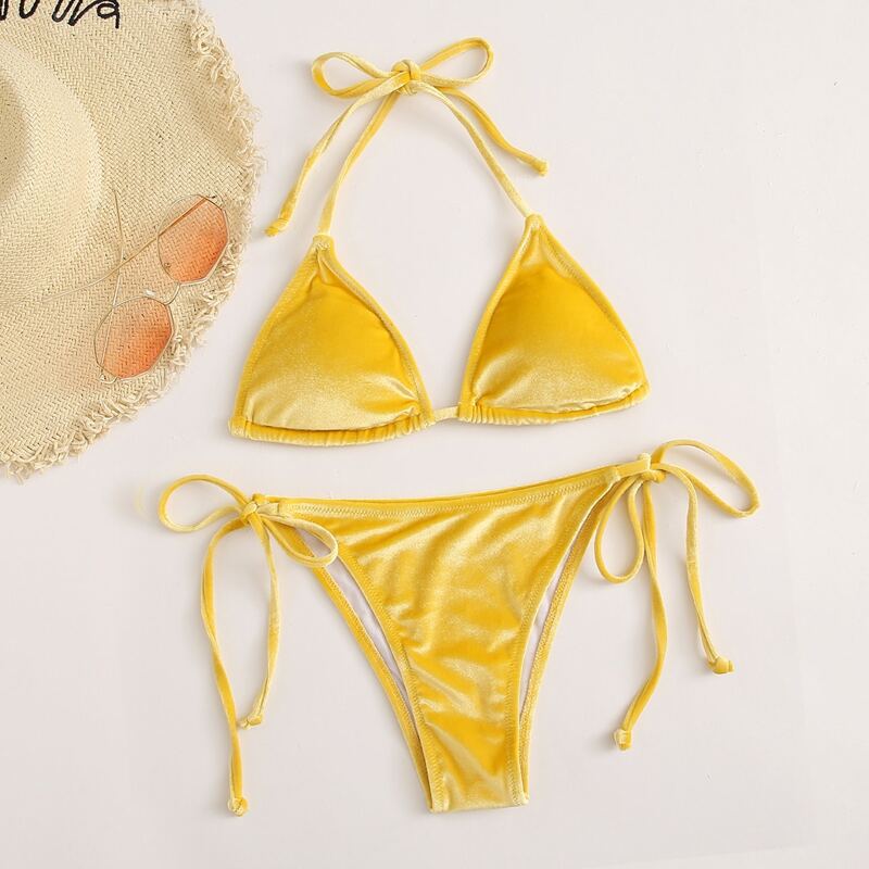 

Velvet Self-Tie Triangle Bikini Swimsuit Set, Yellow bright