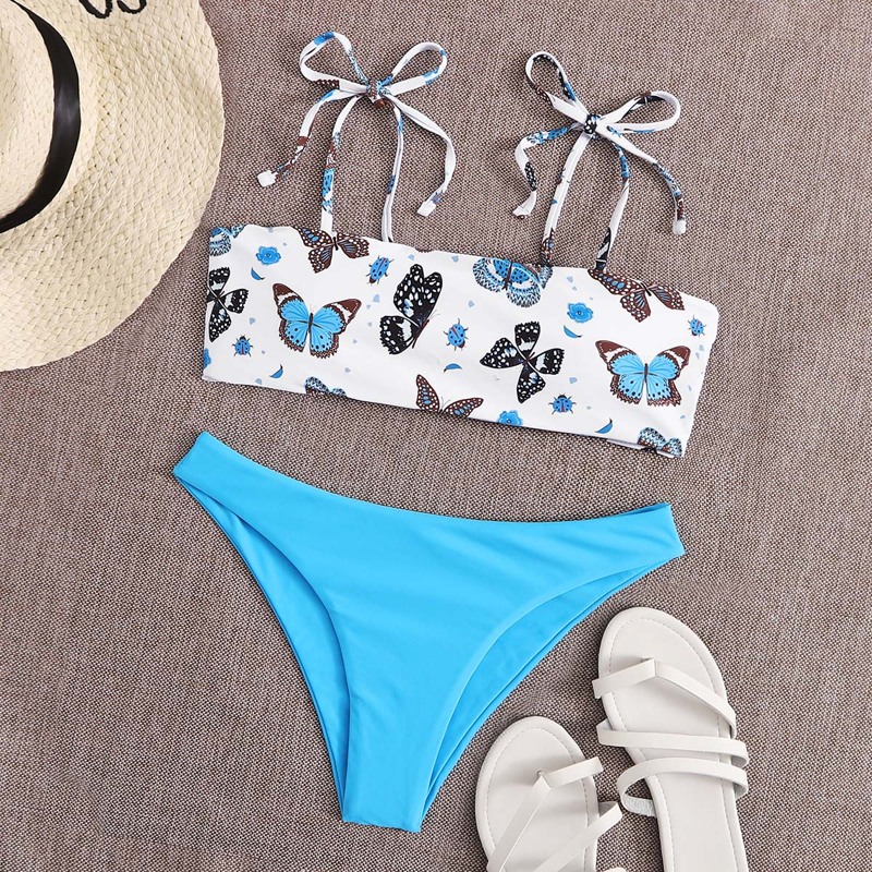 

Butterfly Print Tie Shoulder Bikini Swimsuit, Multicolor