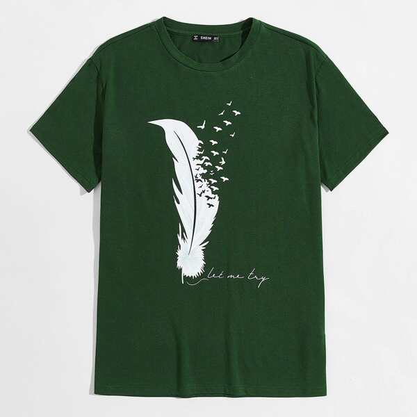 

Men Bird and Slogan Graphic Top, Dark green