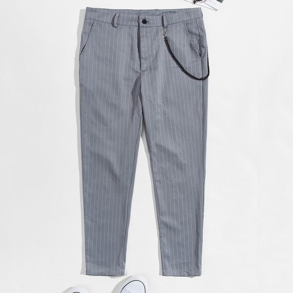 

Men Striped Tailored Pants With Pearl Chain, Grey