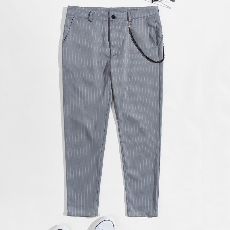 

Guys Striped Tailored Pants With Pearl Chain, Grey