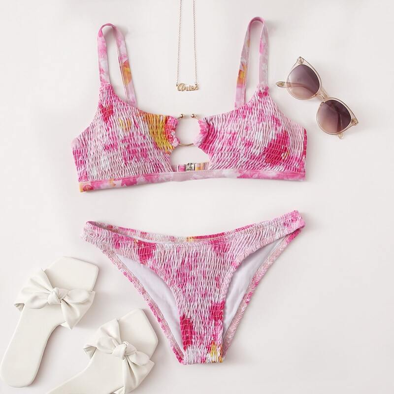 

Tie Dye Smocked Bikini Swimsuit, Pastel baby pink