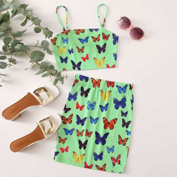 

Butterfly Print Crop Cami Top & Skirt Set, Lime green