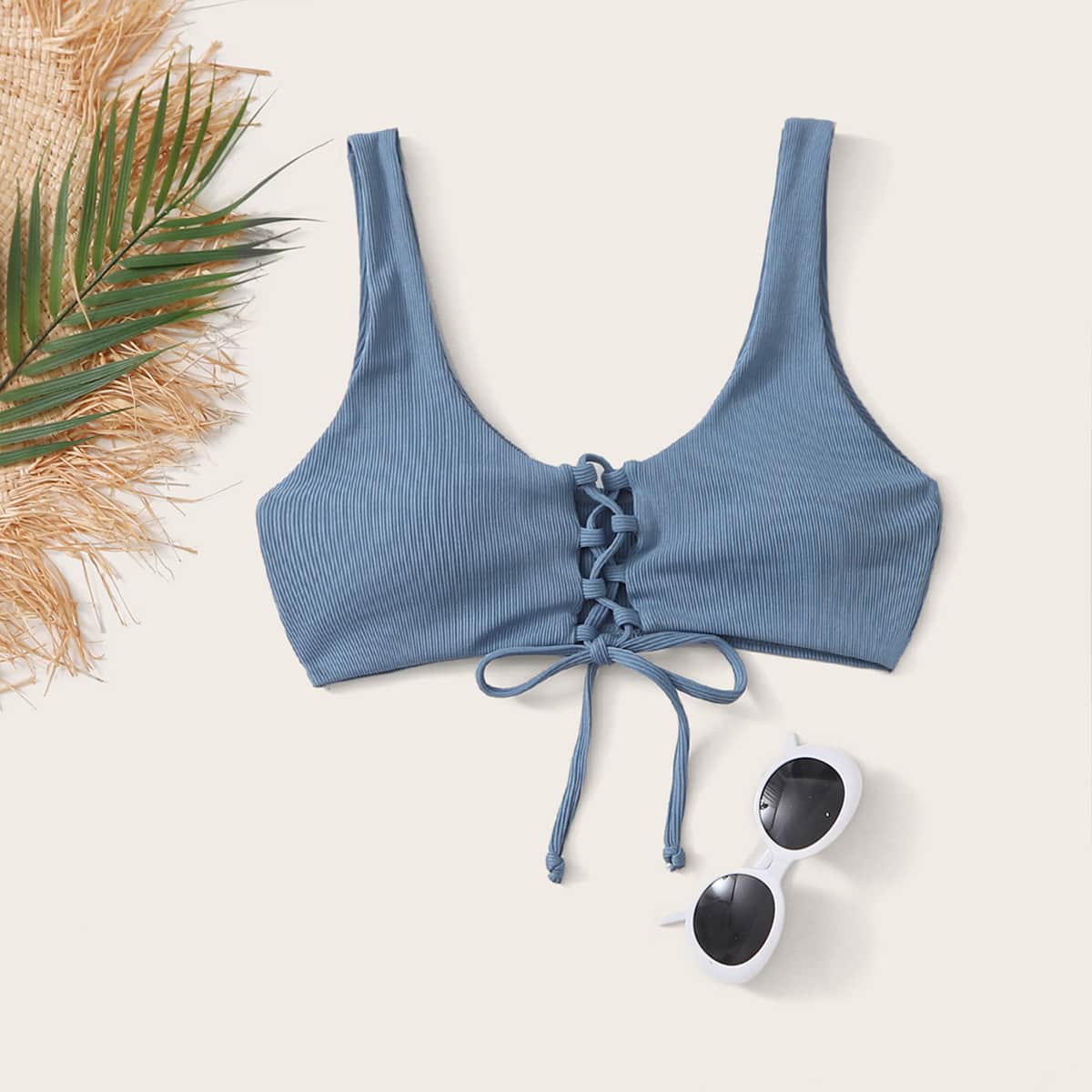 

Rib Lace-up Bikini Top, Dusty blue