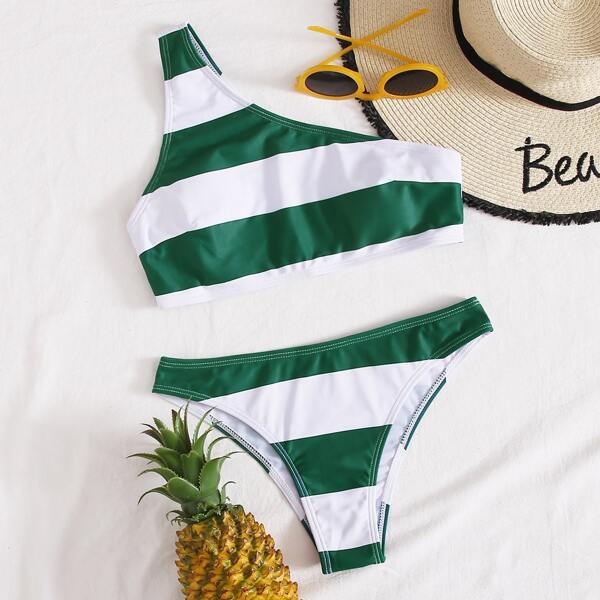 

Striped One Shoulder Bikini Swimsuit, Green