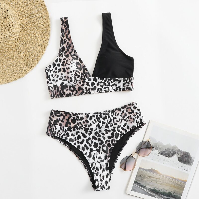 

Leopard High Waisted Bikini Swimsuit, Black and white