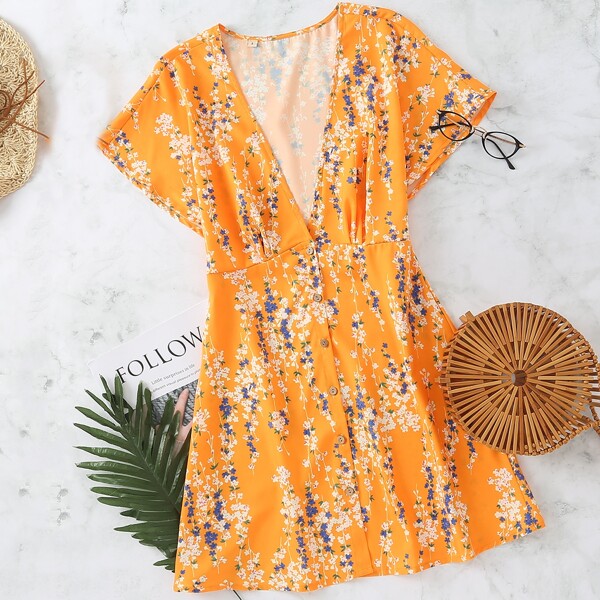 

Floral Print Plunging Neck Dress, Mustard yellow