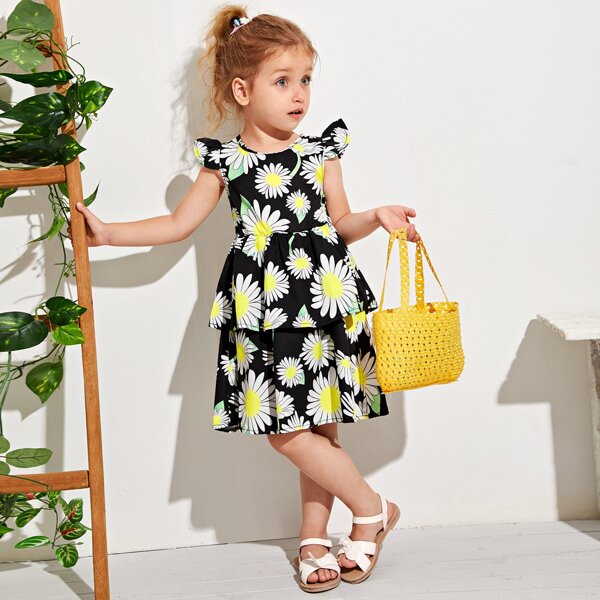 

Toddler Girls Floral Print Layered Hem Dress, Black