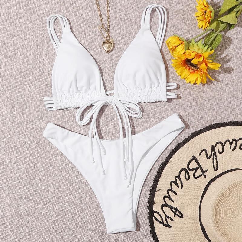 

Knot Front Triangle Bikini Swimsuit, White