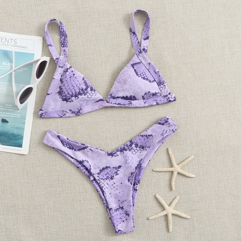 

Snakeskin Triangle High Cut Bikini Swimsuit, Pastel lilac purple