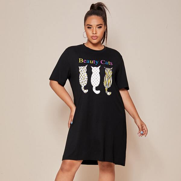 

Plus Cartoon & Letter Graphic Tee Dress, Black