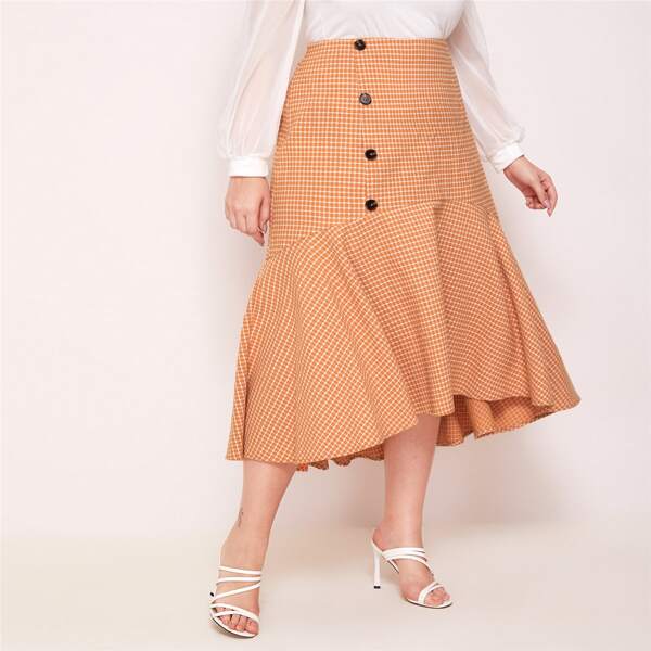 

Plus Button Up Ruffle Hem Plaid Skirt, Orange