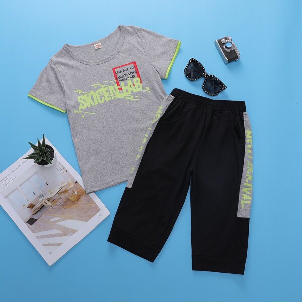 

Boys Slogan Graphic Tee With Letter Colorblock Pants, Multicolor