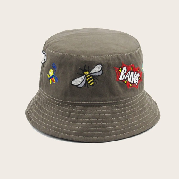 

Men Cartoon Animal Embroidered Bucket Hat, Grey
