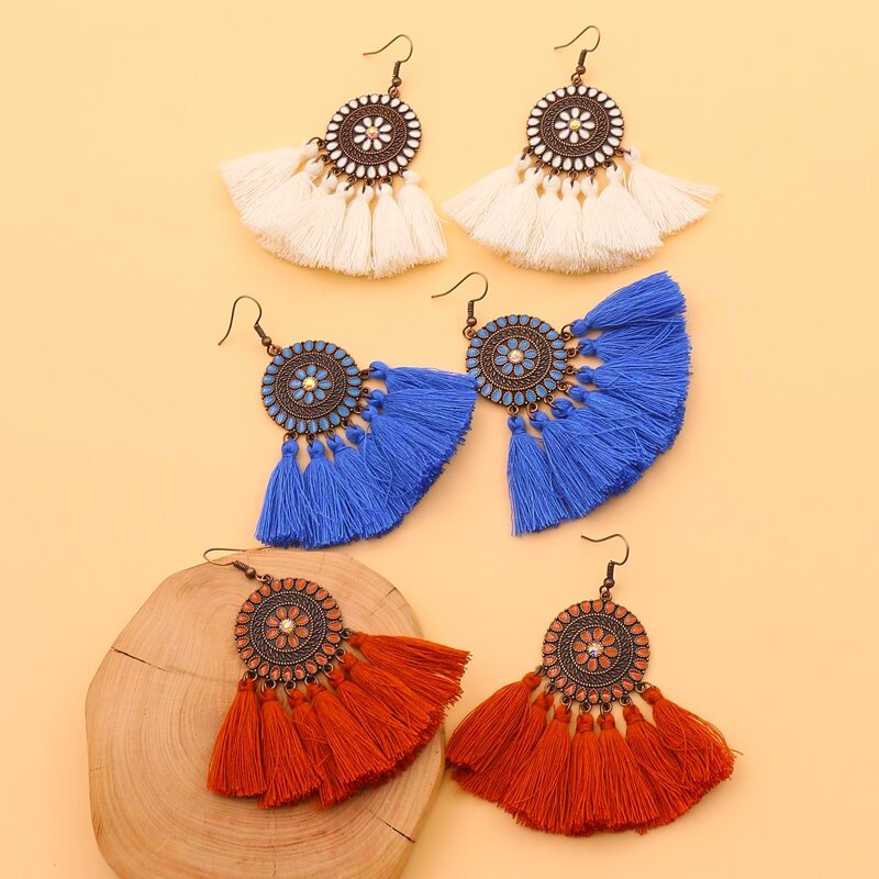 

3pairs Tassel Charm Drop Earrings, Multicolor