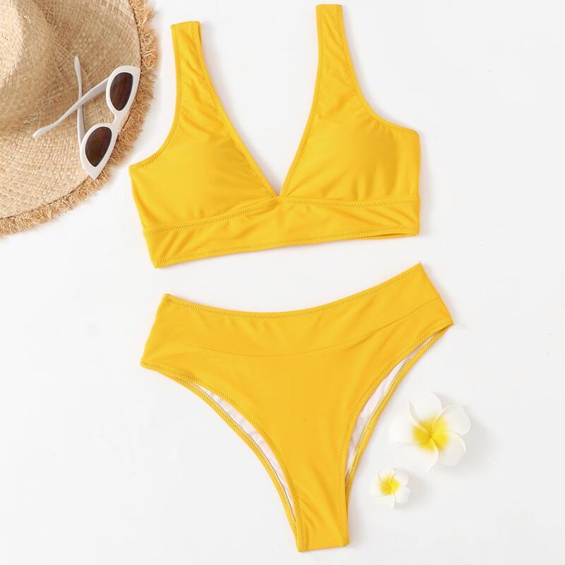 

Solid High Waisted Bikini Swimsuit, Yellow