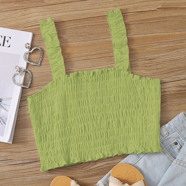 

Ruffle Straps Shirred Crop Top, Lime green