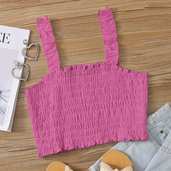 

Ruffle Straps Shirred Crop Top, Pink