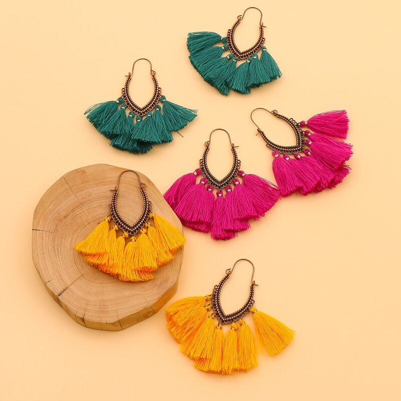 

3pairs Tassel Charm Drop Earrings, Multicolor