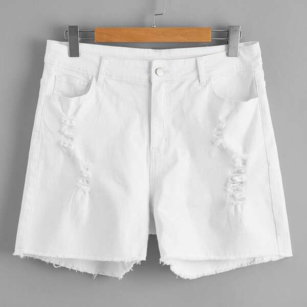 

Plus Ripped Raw Hem Denim Shorts, White
