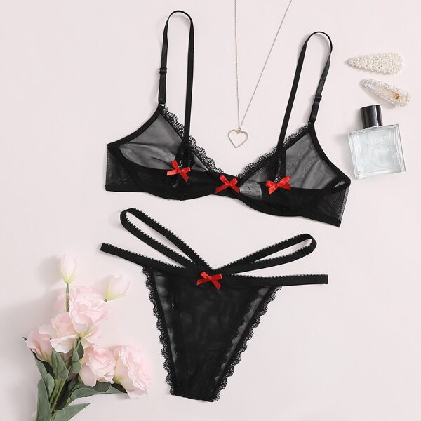 

Lace Trim Mesh Lingerie Set, Black