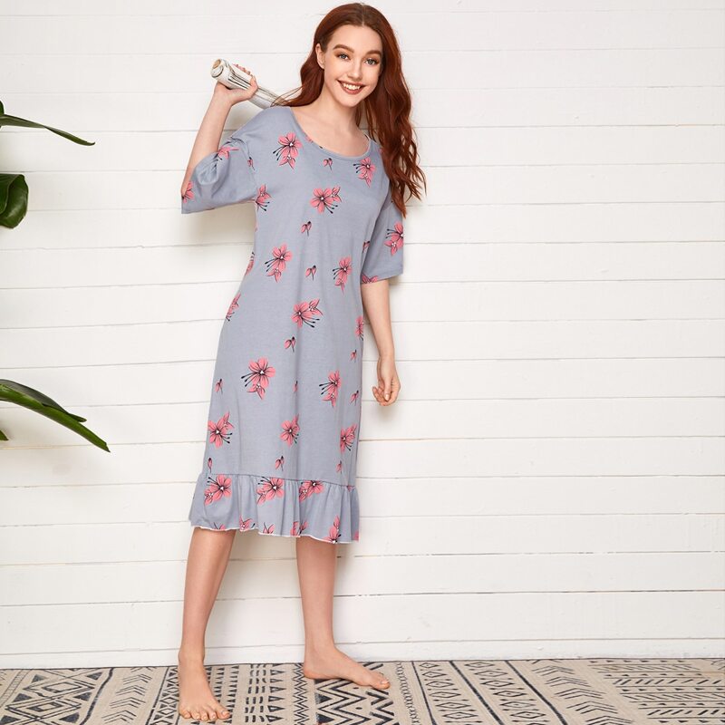 

Floral Print Ruffle Hem Night Dress, Dusty blue