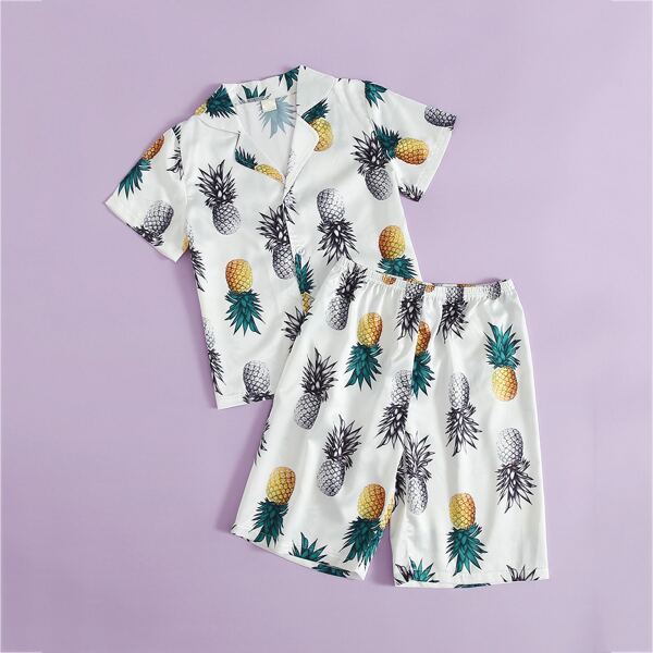 

Boys Satin Pineapple Print Lapel Collar PJ Set, Multicolor