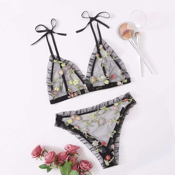 

Floral Embroidery Mesh Lingerie Set, Black