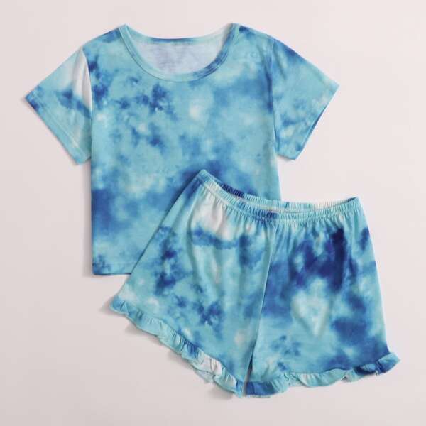 

Girls Tie Dye Frill Hem PJ Set, Blue