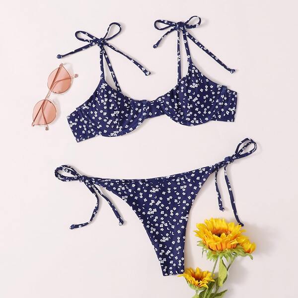 

Ditsy Floral Underwire Tie Side Bikini Swimsuit, Navy blue