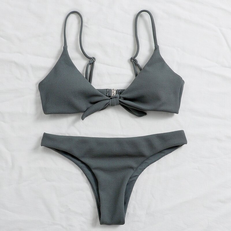 

Rib Knot Front Bikini Swimsuit, Dark grey