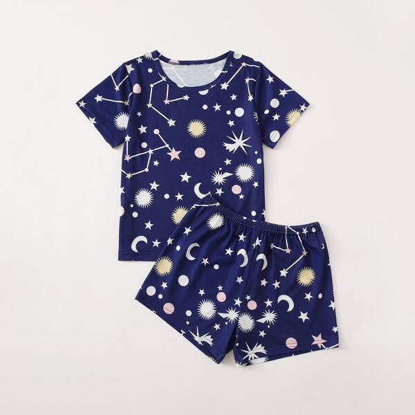 

Girls Galaxy Print Short Sleeve PJ Set, Navy blue