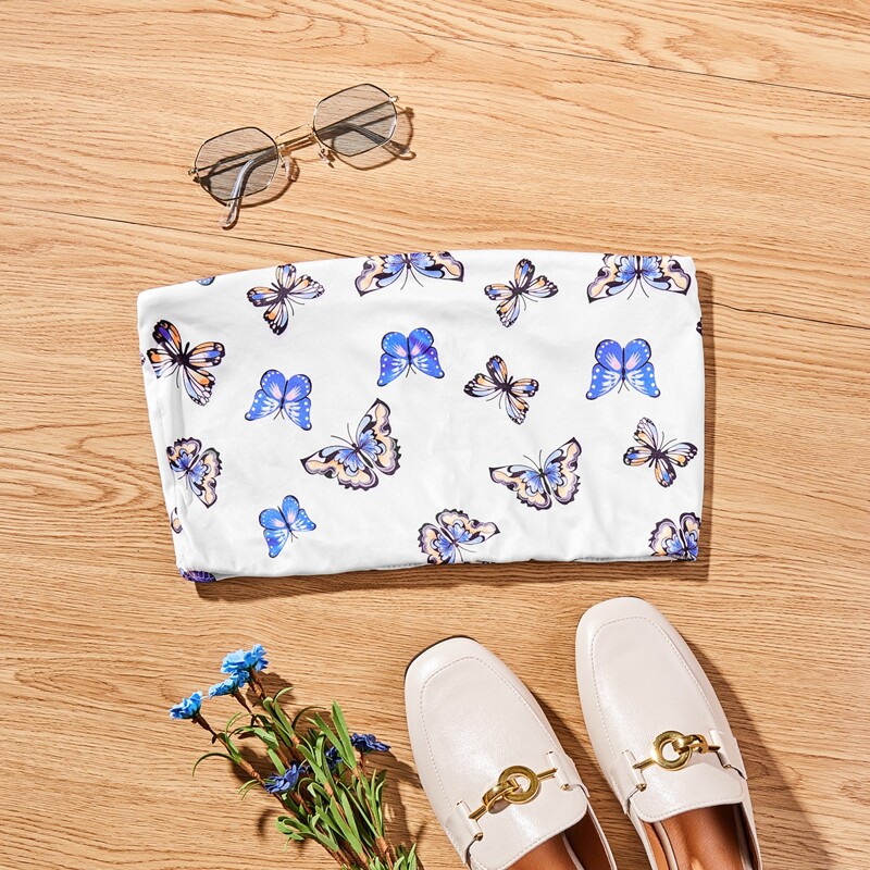 

Butterfly Print Crop Tube Top, White