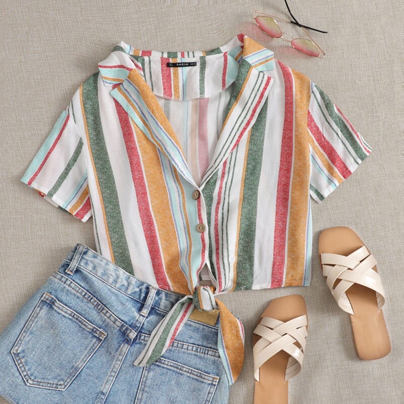 

Notch Collar Tie Hem Striped Blouse, Multicolor
