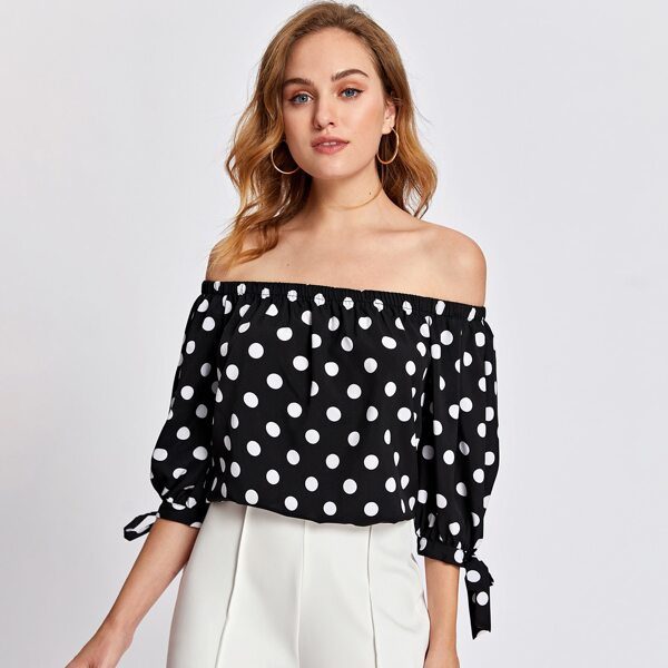 

Off Shoulder Knot Cuff Polka Dot Top, Black