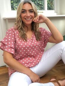 SHEIN LUNE 大碼後鎖孔多層荷葉邊袖波卡圓點上衣 - 藕粉色 - 查看 3