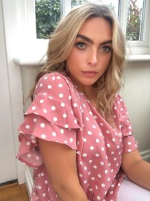 SHEIN LUNE 大碼後鎖孔多層荷葉邊袖波卡圓點上衣 - 藕粉色 - 查看 5