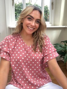 SHEIN LUNE 大碼後鎖孔多層荷葉邊袖波卡圓點上衣 - 藕粉色 - 查看 1