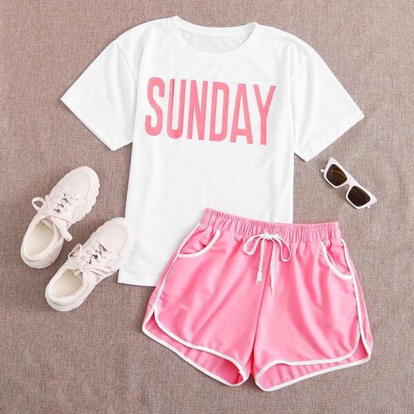 

Letter Graphic Tee & Contrast Binding Drawstring Waist Shorts, Multicolor