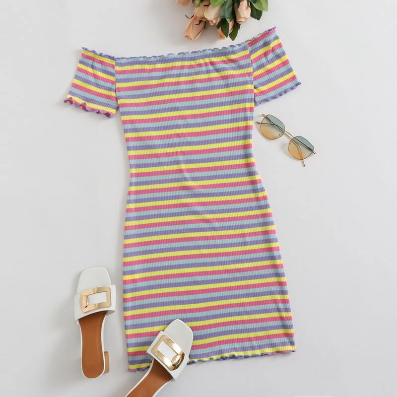 

Off Shoulder Lettuce Edge Rainbow Striped Dress, Multicolor