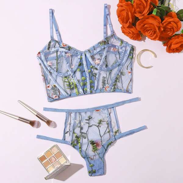 

Floral Embroidery Mesh Underwire Lingerie Set, Pastel baby blue