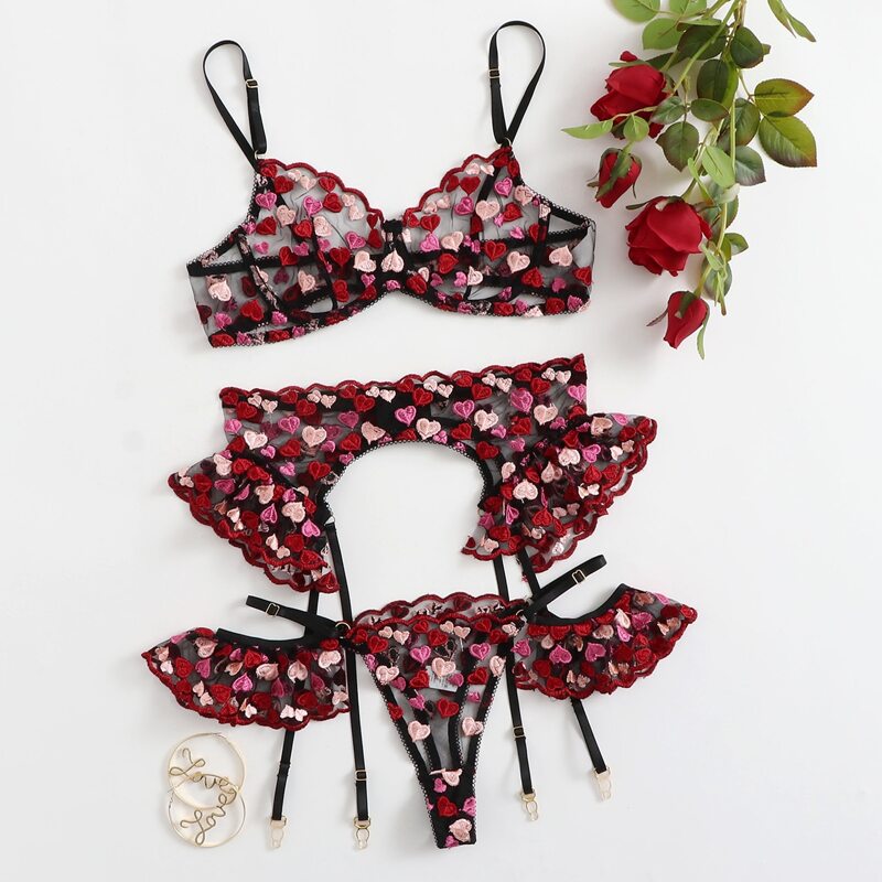 

Heart Embroidery Mesh Underwire Garter Lingerie Set, Multicolor
