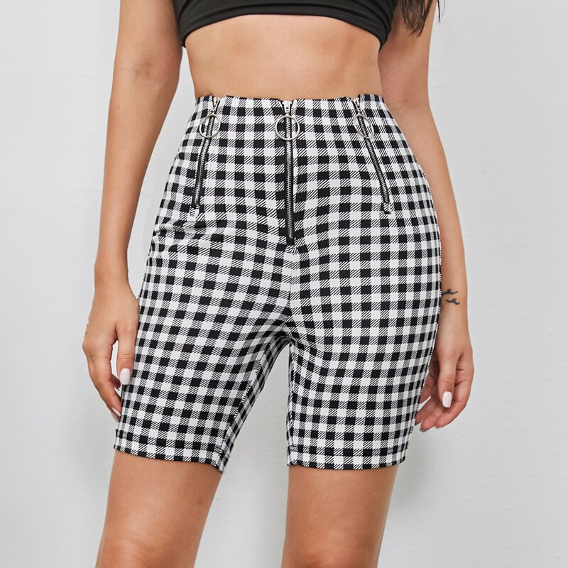 

O-ring Zipper Front Buffalo Plaid Legging Shorts, Black and white
