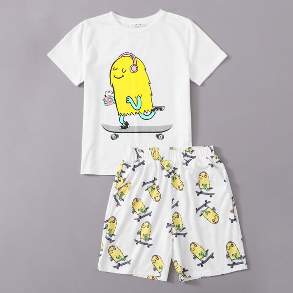 

Boys Cartoon Graphic Top & Allover Print Shorts PJ Set, White