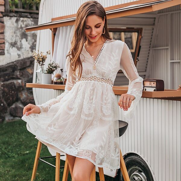 

Guipure Lace Insert Embroidered Mesh Dress, White