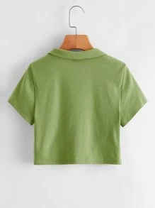 SHEIN Qutie Collared V-neck Rib-knit Tee - Lime Green - View 2