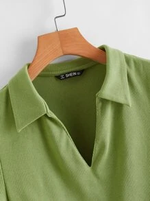 SHEIN Qutie Collared V-neck Rib-knit Tee - Lime Green - View 3