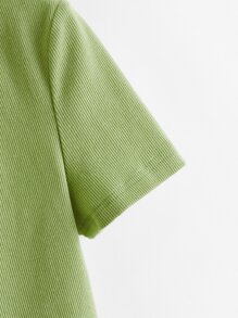 SHEIN Qutie Collared V-neck Rib-knit Tee - Lime Green - View 4