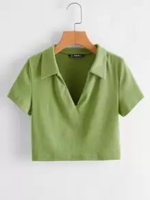 SHEIN Qutie Collared V-neck Rib-knit Tee - Lime Green - View 1